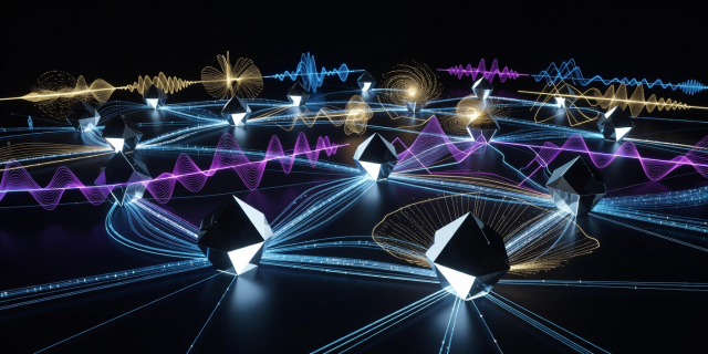 Abstract high-tech network visualization signifying executive decision nodes and structured audio synthesis
