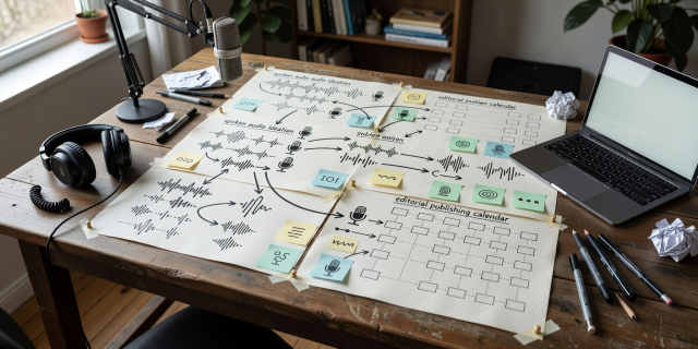 Creative workstation with concept maps connecting spoken audio ideation nodes into an editorial publishing calendar
