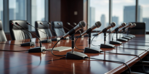 Executive briefing microphone setup on wooden boardroom table