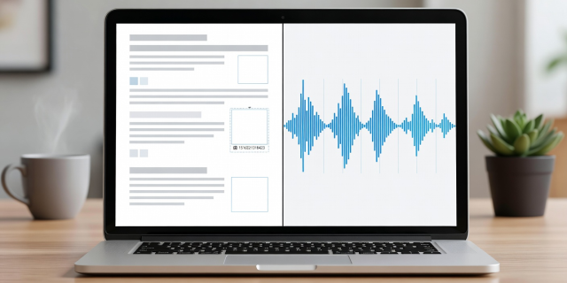 Laptop showing formatted email newsletter composition side-by-side with voice memo audio file timestamps