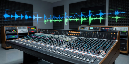 Professional studio mixing console with lit faders and audio waveform telemetry in the Vauberryquirkly audio laboratory