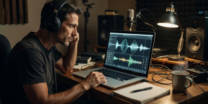 Sound producer reviewing voice recordings on a laptop interface