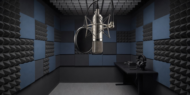 Studio condenser microphone poised in a soundproof vocal booth for high-fidelity speech recording and editorial transcription
